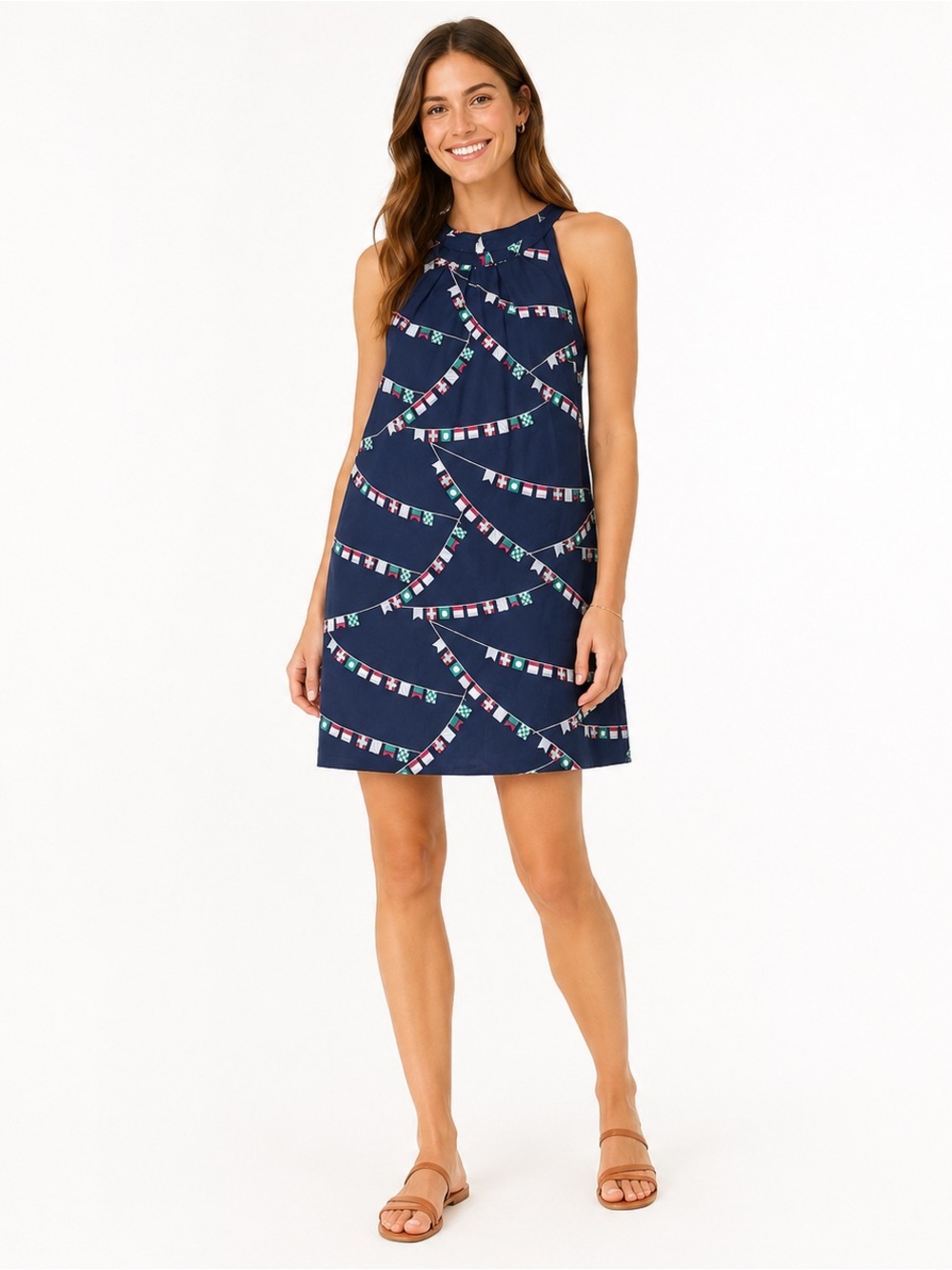 Silk Blend Navy Coastal Preppy Nautical Flag Dress Large NWT